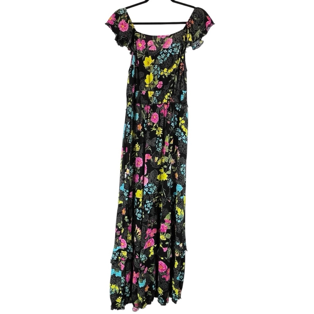 Betsey Johnson Black Floral Tiered Maxi Dress Crinkle Fabric Colorful Sz XL - Picture 3 of 12